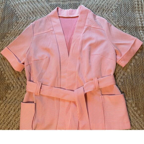 Vintage 70s Short Sleeve open front coral and white belted Cardigan - Picture 1 of 8